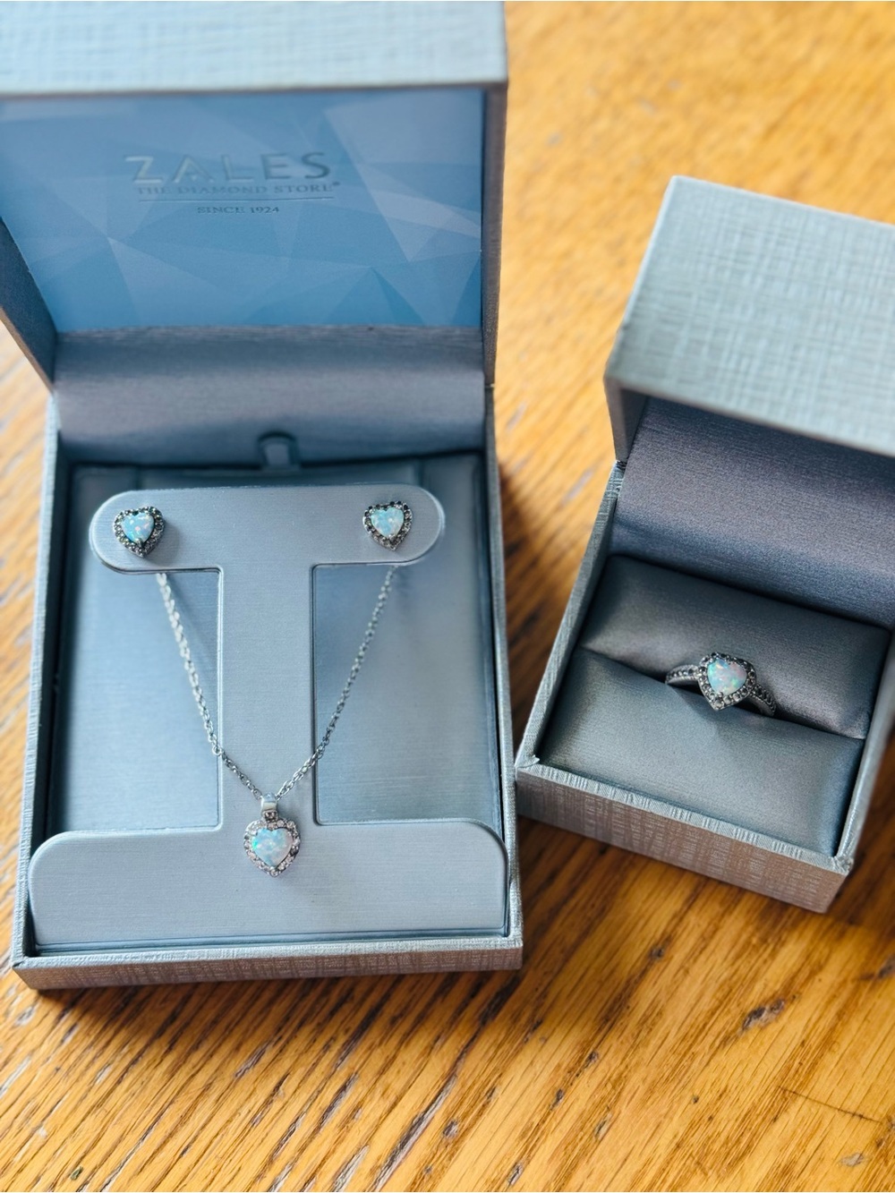 Zales Silver Heart Opal Necklace, Earrings & Ring Set